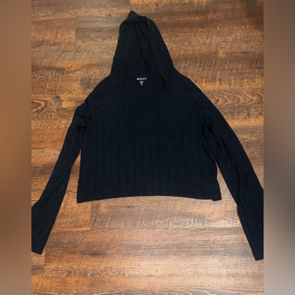 Athleta Size XS Harmony Pose Cropped Hoodie Ribbed Sweatshirt Heather Blue